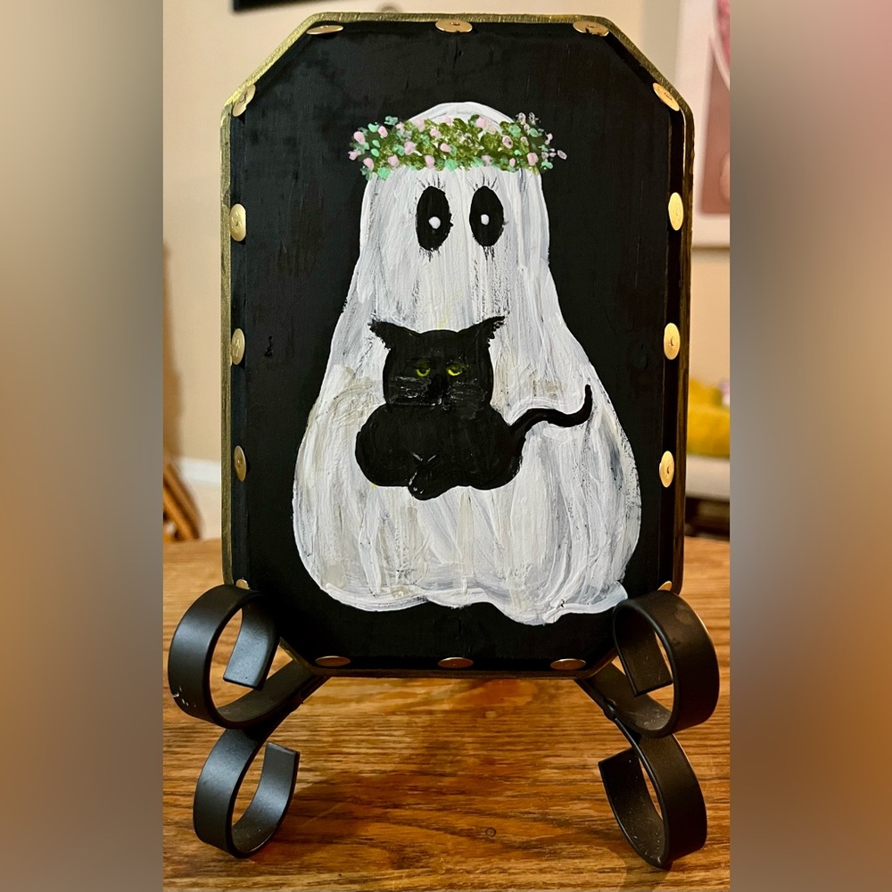 OOAK Hand Painted Original Art - Halloween Girl Ghost & Black Cat Wall Art
